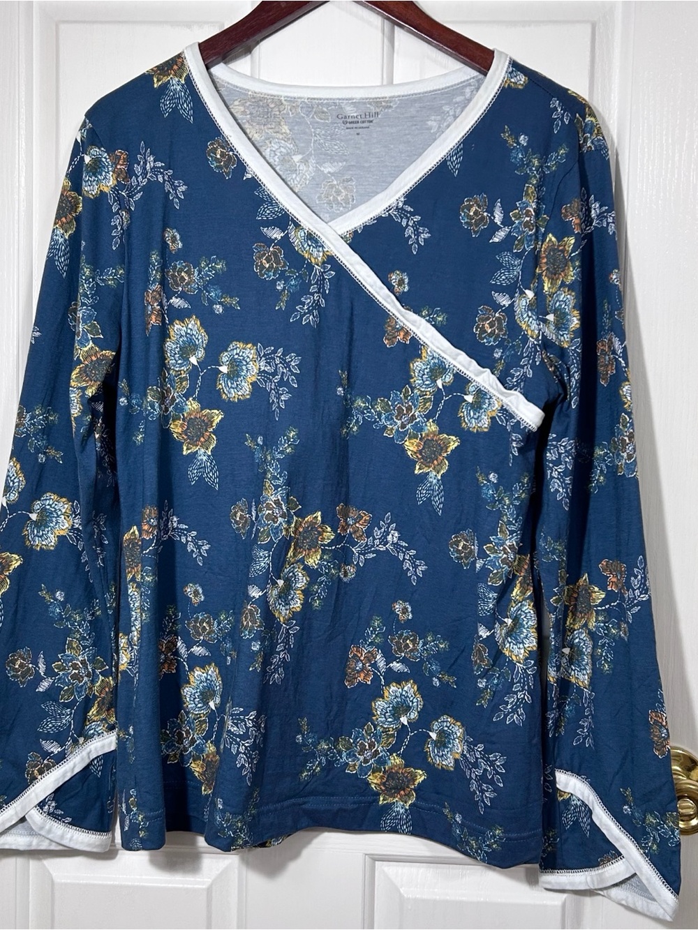 Garnet Hill M Organic Cotton Floral Faux Wrap Long Sleeve Top Blue Knit Ukraine